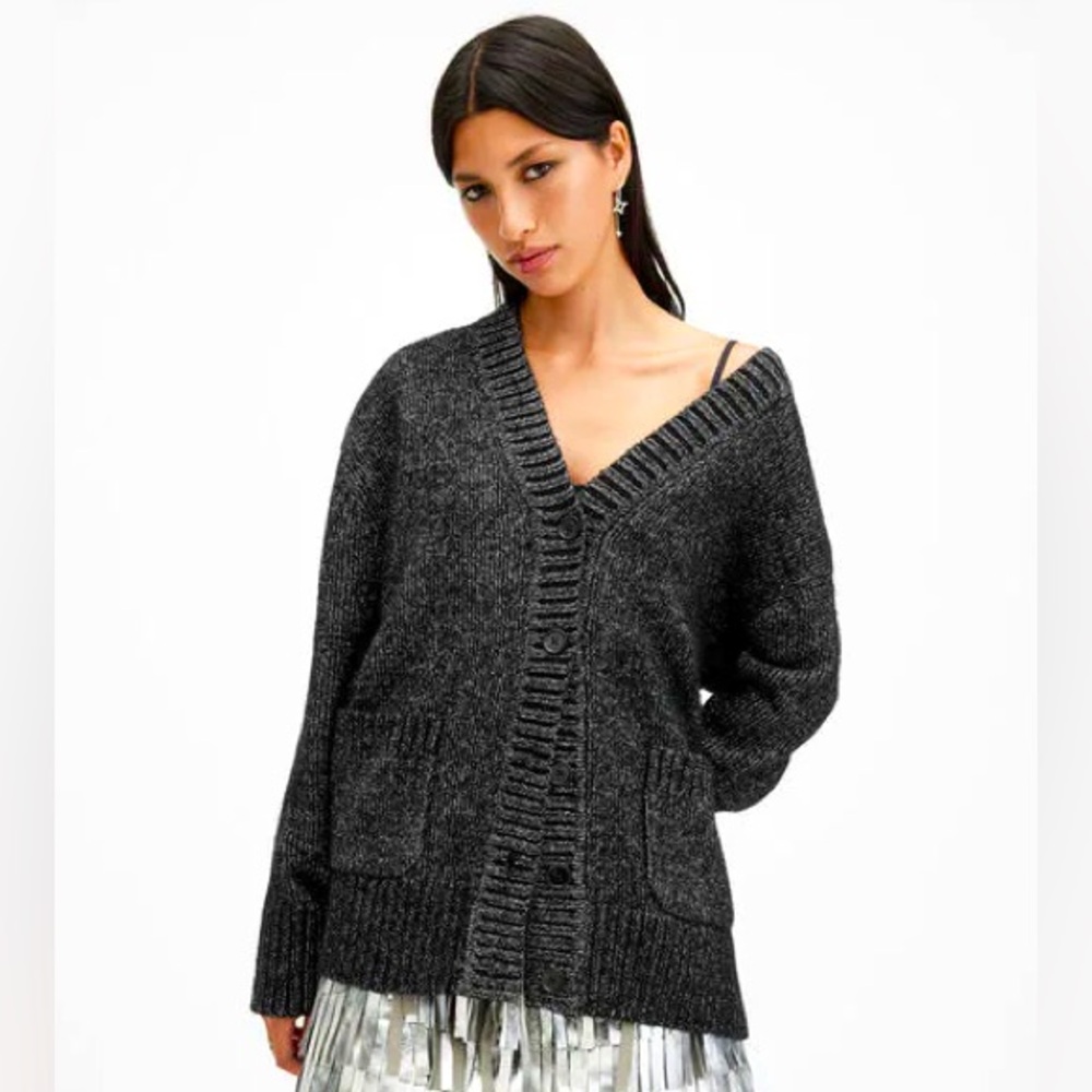 AllSaints Sabrina Metallic Cardigan Black Silver Small Sweater